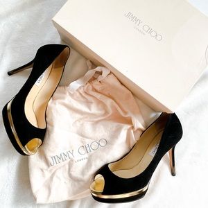 Jimmy Choo Black and Gold Suede Peep Toe Heels